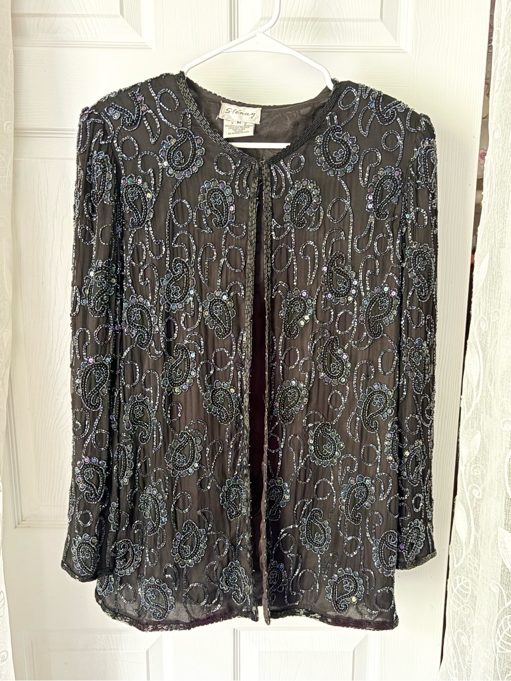 vintage Stenay black open-front evening jacket silk bead sequin women size M